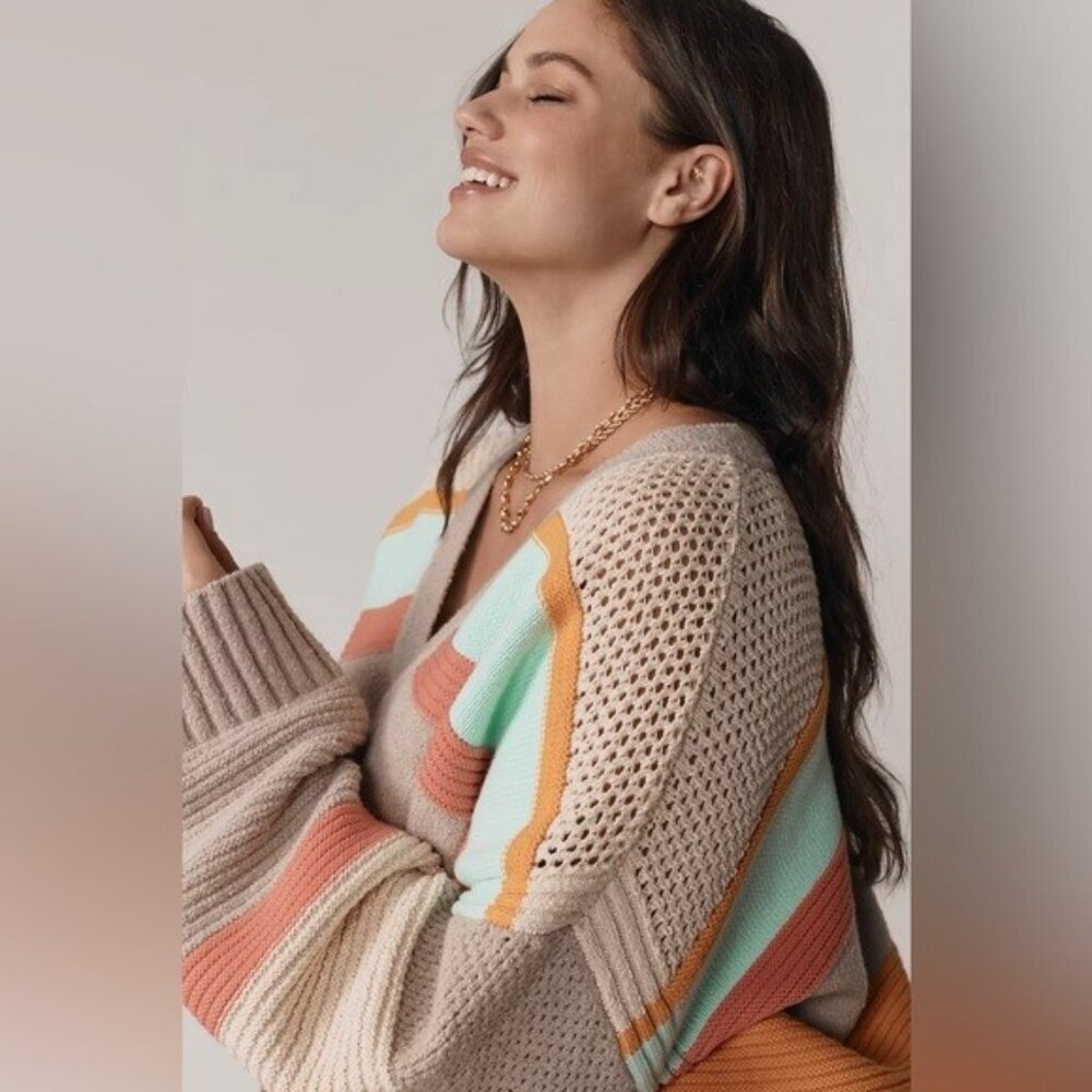 Anthropologie Taupe V-Neck Stripe Sweater with Mint & Orange Accents - Picture 5 of 16
